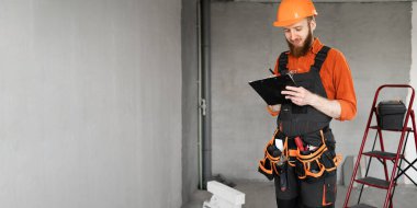 İnşaat işçisi sakallı adam inşaat alanında belgelerle dolu bir pano tutuyor. Tamirci ev tamiri yapıyor. Profesyonel müteahhit içeride. kopyalama alanı. Pankart