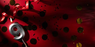 Doğum günü ve yıldönümü kutlaması kavramı. 9 numara, büyük altın konfetiyle kırmızı arka planda doğum günü mumu. Dokuzuncu yaş günü. düz yat