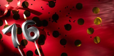 Doğum günü ve yıldönümü kutlaması kavramı. 76 numara, büyük altın konfetiyle kırmızı arka planda 76 gümüş kutlayan doğum günü mumu. 76 'ncı yaş günü. düz yat