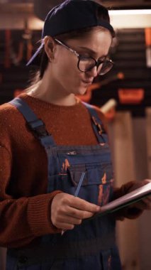 Atölyede panosu olan kadın bir zanaatkar. Bakım, ürün kontrol listesi. Meslek ve zanaat kavramı. dikey video