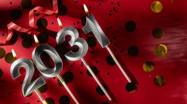 Mutlu yıllar 2031. Kırmızı tatil arka planında 2031 gümüş mum ve konfeti. Metin için boşluk