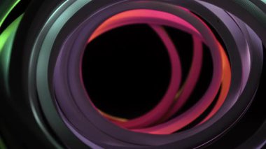 Gökkuşağı renkli neon ışıklı şerit ışık dairesel olarak parlak bir eğimle sarmalanmış. RGB oyun aydınlatma kavramı, fütürist teknoloji