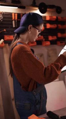 Mobilya tamiri, DIY, ve restorasyon konseptleri. Ev atölyesinde çalışan genç bir kadın, tulum giyiyor, elinde bir tablet tutuyor, sayfaları karıştırıyor ve veri çalışıyor..