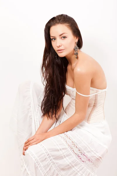 Beautiful pretty tender woman in white dress — Stock Photo, Image