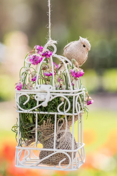 Gaiola de pássaro com pássaro de brinquedo em estilo vintage , — Fotografia de Stock