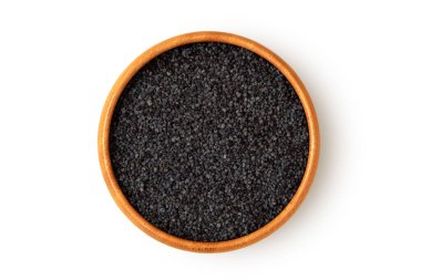 Beyaz arka plan üzerinde ahşap kase haşhaş tohumu