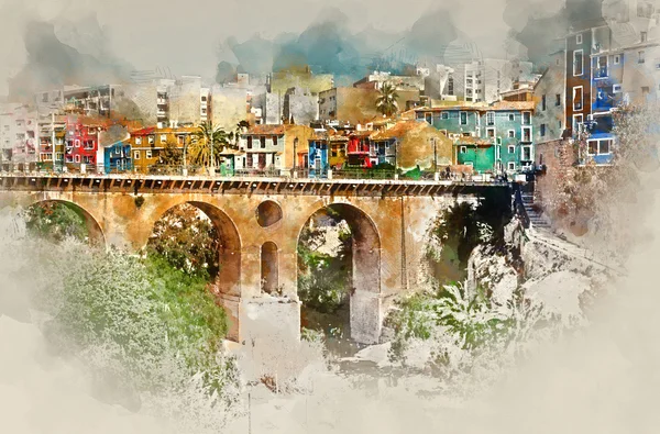 Pintura aquarela digital de Villajoyosa / La Vila Joiosa cidade — Fotografia de Stock