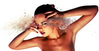 Beyaz arka plan üzerinde genç kadın. Dijital efektler ile görüntü