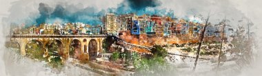 Villajoyosa şehrinin dijital suluboya tablosu. İspanya