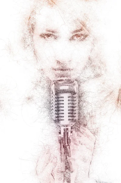 Pencil drawing of a beautiful woman with a microphone — Stock Photo, Image