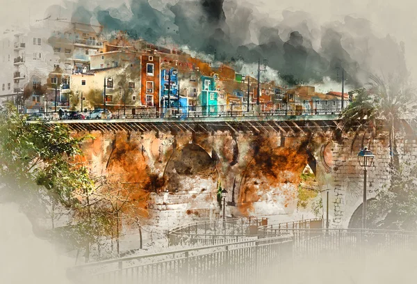 Ψηφιακή ζωγραφική με νερομπογιές της πόλης Villajoyosa, Κόστα Μπλάνκα — Φωτογραφία Αρχείου