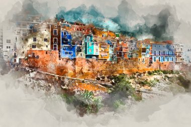 Villajoyosa şehir, Costa Blanca dijital suluboya resim