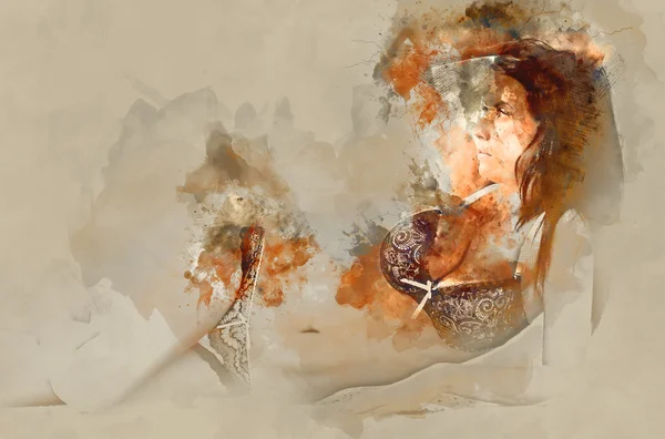 Digital watercolor painting of a lying woman in sexy lingerie — Stock Photo, Image