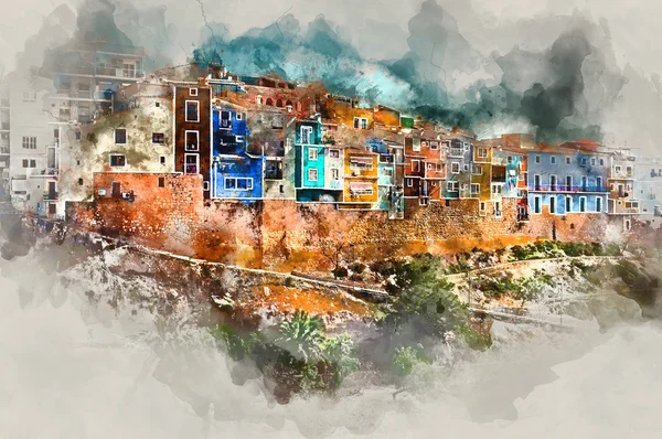 Ψηφιακή ζωγραφική με νερομπογιές της πόλης Villajoyosa, Κόστα Μπλάνκα — Φωτογραφία Αρχείου