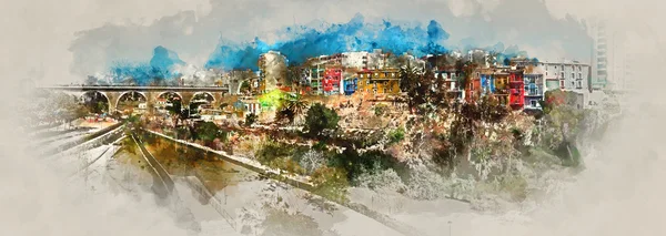 Pintura aquarela digital da cidade de Villajoyosa, Espanha — Fotografia de Stock