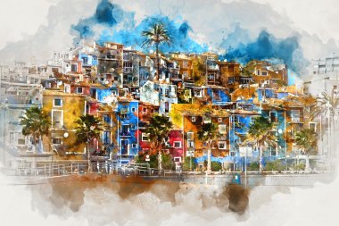 Villajoyosa manzarası. İspanya, dijital suluboya resim 