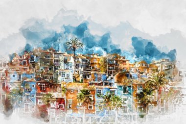 Villajoyosa Skyline dijital suluboya resim. İspanya