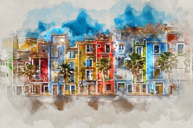 Dijital suluboya resim Villajoyosa şehir, İspanya