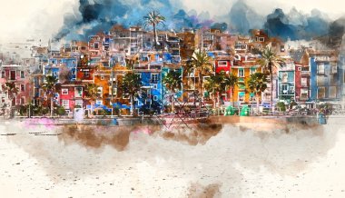 Villajoyosa skyline, digital watercolor painting. Spain clipart