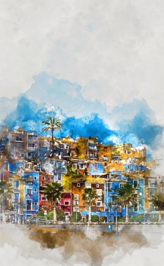 Villajoyosa skyline. Spain, digital watercolor painting clipart