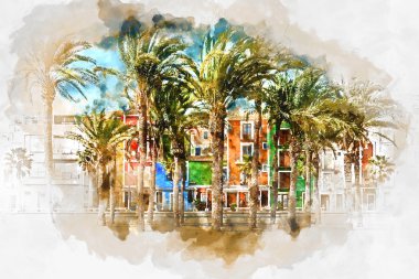 Dijital suluboya resim Villajoyosa şehir, İspanya