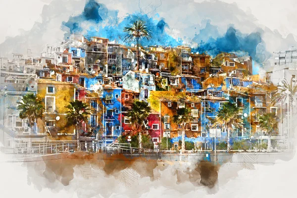 Lo skyline di Villajoyosa. Spagna, pittura digitale ad acquerello — Foto Stock