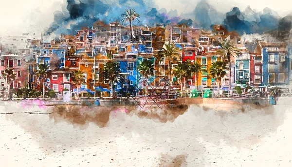 Villajoyosa skyline, pintura aquarela digital. Espanha — Fotografia de Stock