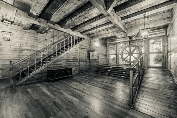 Interior of old pirate ship. Black and white image — Stock Photo, Image