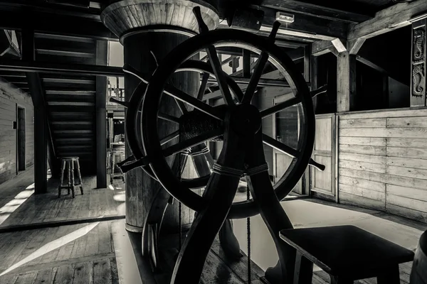 Interior of old pirate ship. Black and white image — Stock Photo, Image
