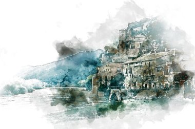 Digital watercolor painting of Miravet village. Province of Tarr clipart