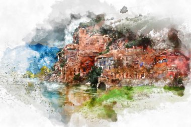 Digital watercolor painting of Miravet village. Spain clipart