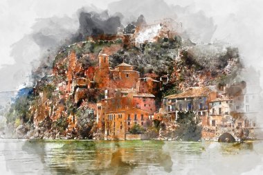 Miravet Köyü dijital suluboya resim. İspanya