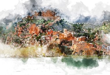 Miravet Köyü dijital suluboya resim. İspanya