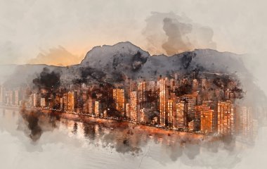 Benidorm şehir dijital suluboya resim gün batımında. İspanya.