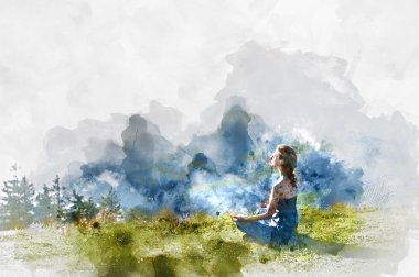 Young woman practice yoga. Digital watercolor painting 