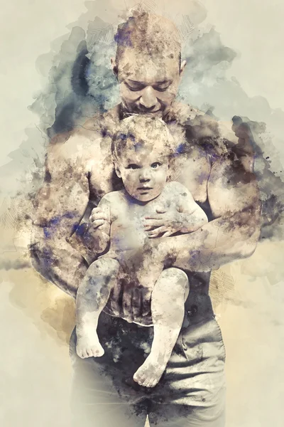 Athletic father with lovely daughter. Digital watercolor paintin — Stock Photo, Image
