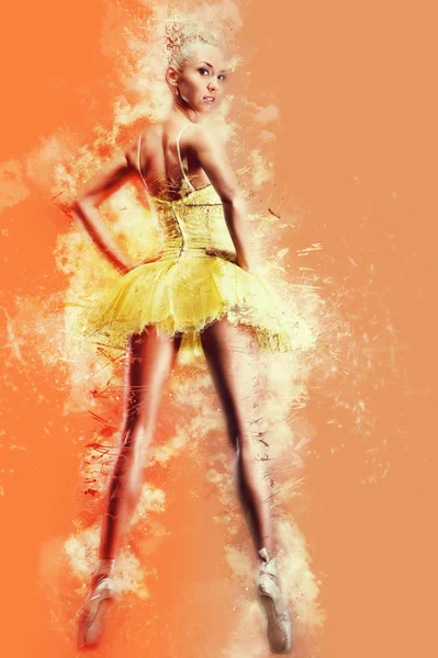 美丽的芭蕾舞演员在黄色兔兔在一点上。数字艺术 — 图库照片