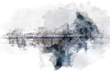 Daugava tren köprüden dijital suluboya resim