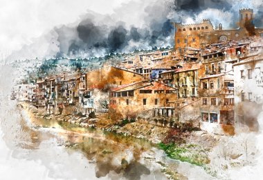 Dijital suluboya resim Valderrobres Köyü, İspanya