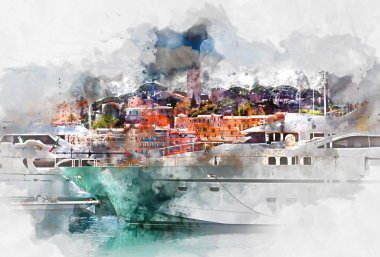 Fransa'da Le Suquet görünümü. Dijital suluboya resim.