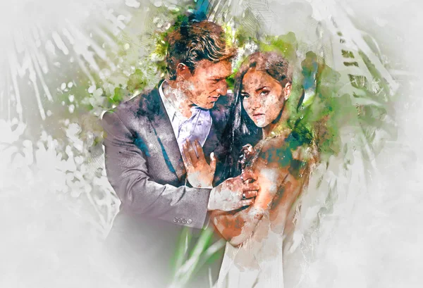 Pintura aquarela digital de um belo casal apaixonado — Fotografia de Stock