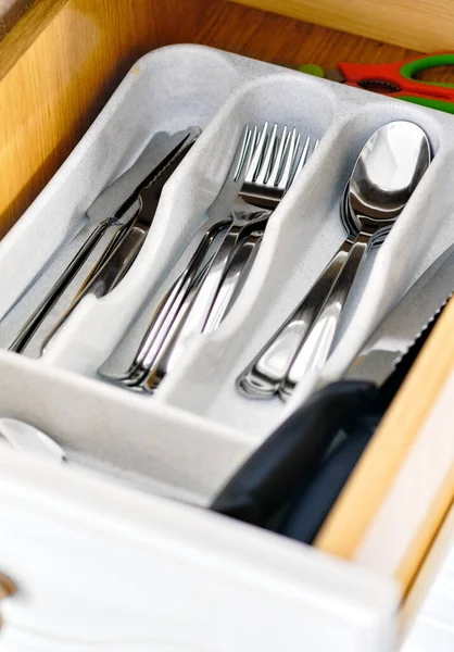 Gaveta Cozinha Com Flatware Vista Perto — Fotografia de Stock