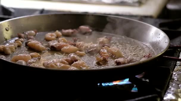 Vista Perto Usando Forno Gás Restaurante Cozinha Doméstica Chef Fritar — Vídeo de Stock