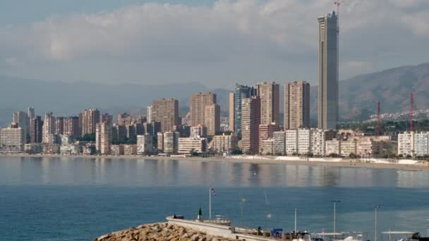 Benidorm skyline. Spanish popular touristic place view. Modern office and residential skyscrapers buildings, Mediterranean Sea. Province of Alicante, Costa Blanca, Spain