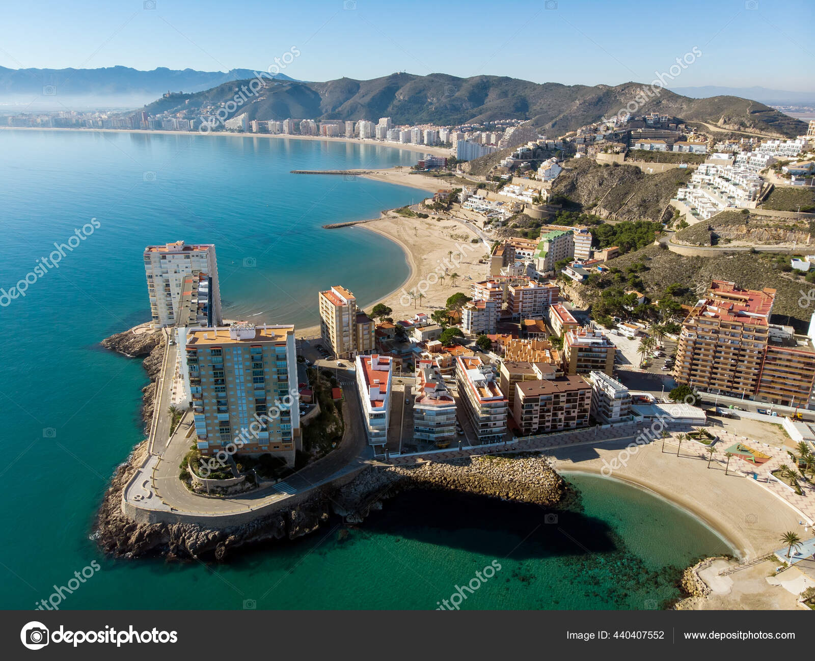 Sudut Pandang Drone Udara Cullera Townscape Selama Musim Dingin Cerah Stok Foto C Amoklv 440407552