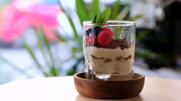 Nahsicht Glas Serviert Tiramisu Kaffee Aromatisierten Italienischen Dessert Mit Frischen — Stockvideo