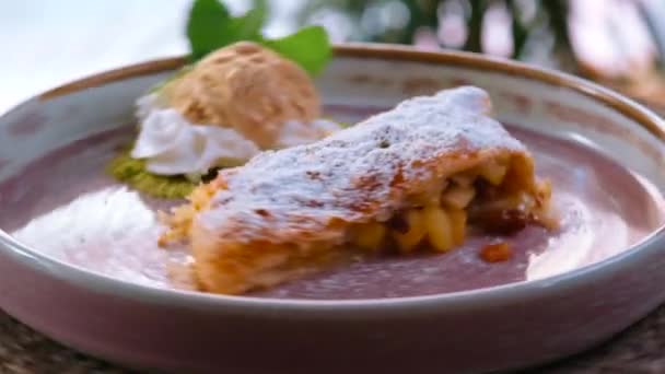 Appelstrudel Traditionele Weense Taart Bestrooid Met Poedersuiker Geserveerd Met Ijsballen — Stockvideo