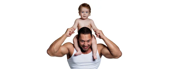 Panoramic Photo Loving Strong Muscular Mixed Race Dad Holding His — Stock Photo, Image