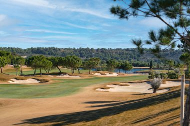 Sıcak kış güneşli bir günde ağaçlar ve mavi göl ile yeşil golf sahası, Las Colinas 'ta bulunan çayır manzarası. Alicante ili, İspanya. Spor ve yaşam tarzı kavramı