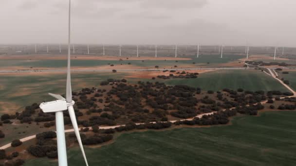 Drone Point Wide Angle Aerial View Moving Turbines Windmills Wind — Stock Video